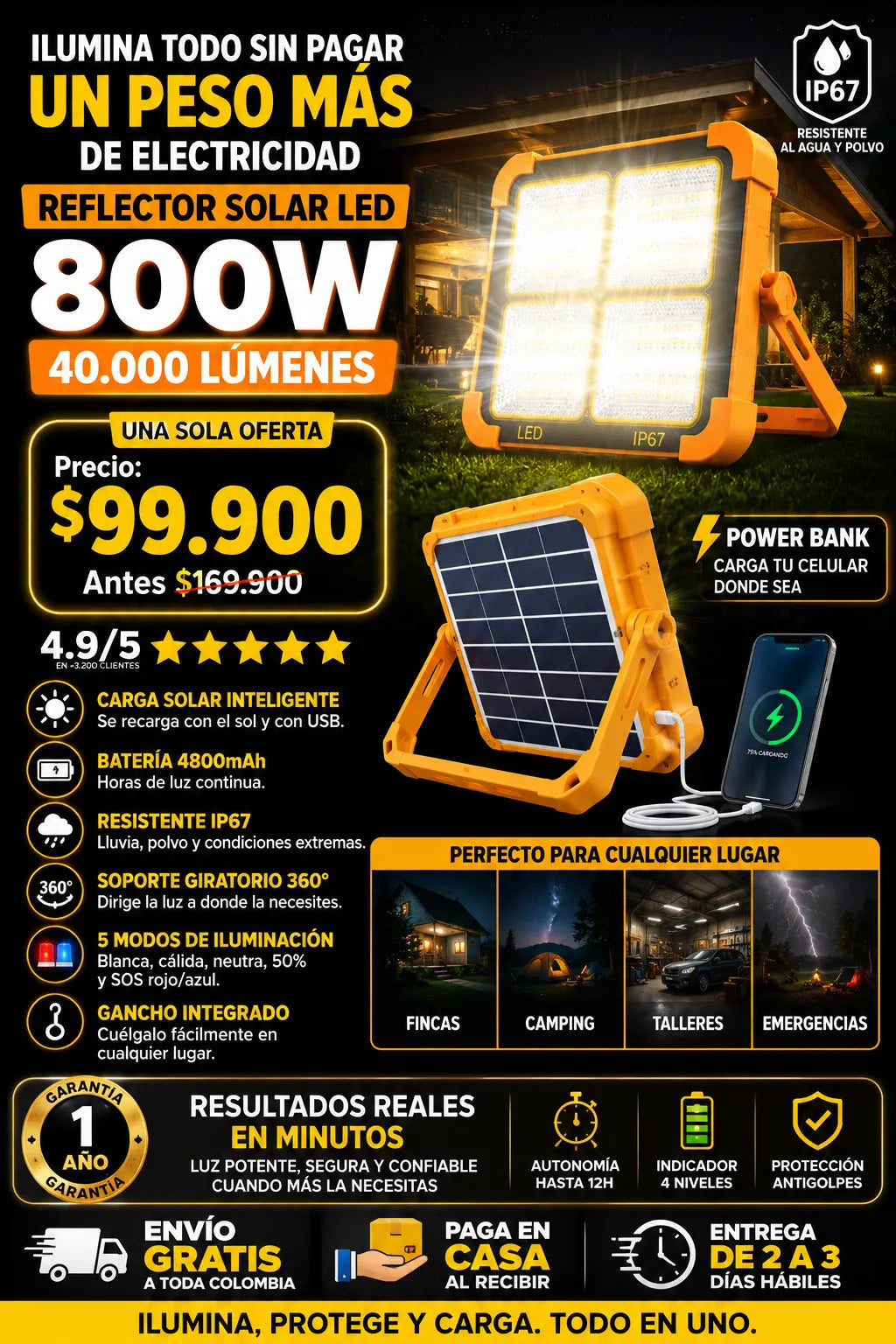 Reflector Solar LED 800W Portátil + Powerbank Impermeable