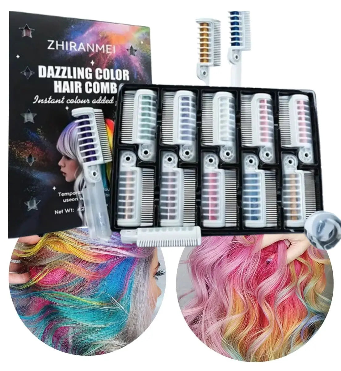 Lápiz de Cabello Temporal Lavable x10 Colores – Peine Tinte Portátil